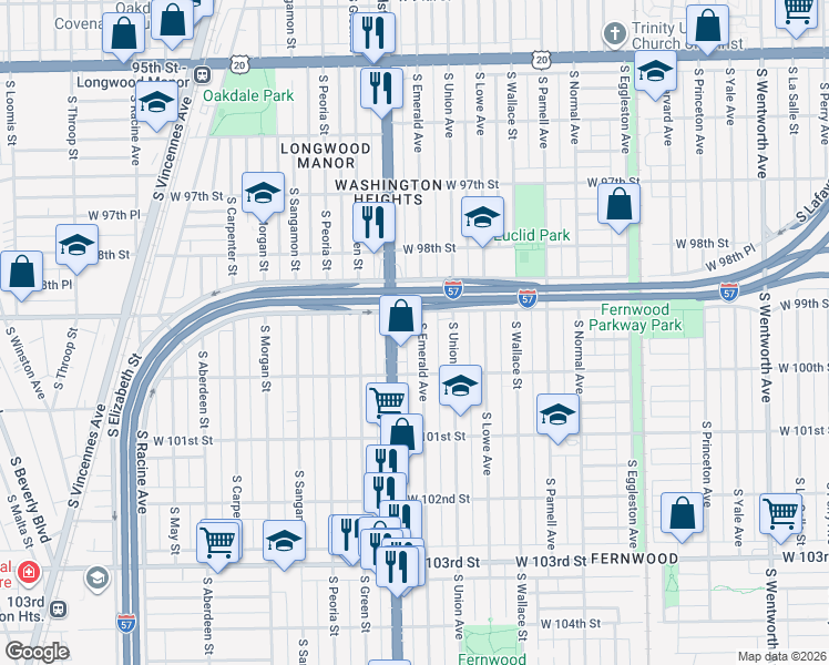 map of restaurants, bars, coffee shops, grocery stores, and more near 9922 South Emerald Avenue in Chicago