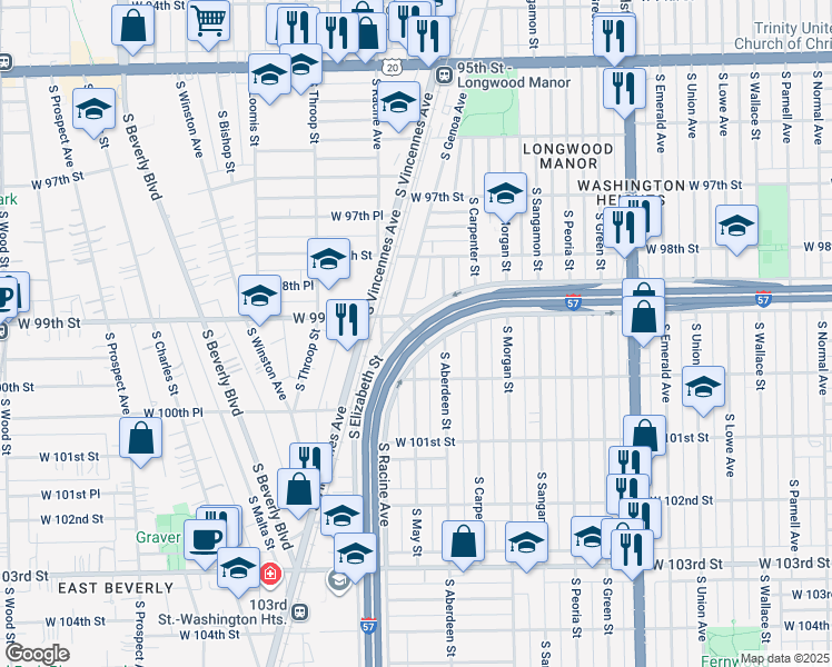 map of restaurants, bars, coffee shops, grocery stores, and more near 1117 West 99th Street in Chicago