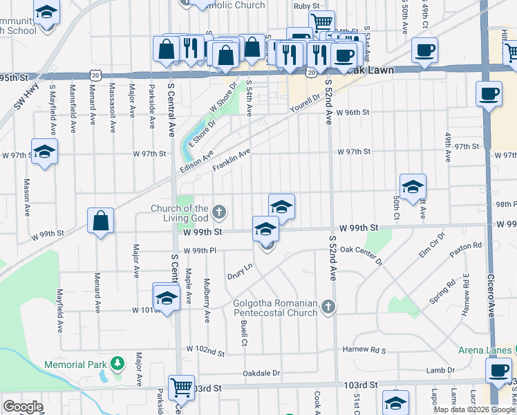 map of restaurants, bars, coffee shops, grocery stores, and more near 9822 Minnick Avenue in Oak Lawn
