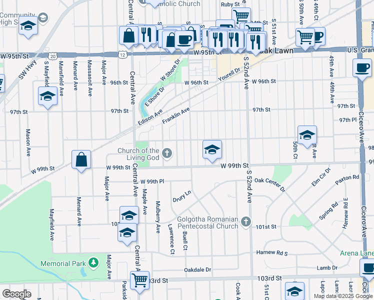map of restaurants, bars, coffee shops, grocery stores, and more near 9815 Warren Avenue in Oak Lawn