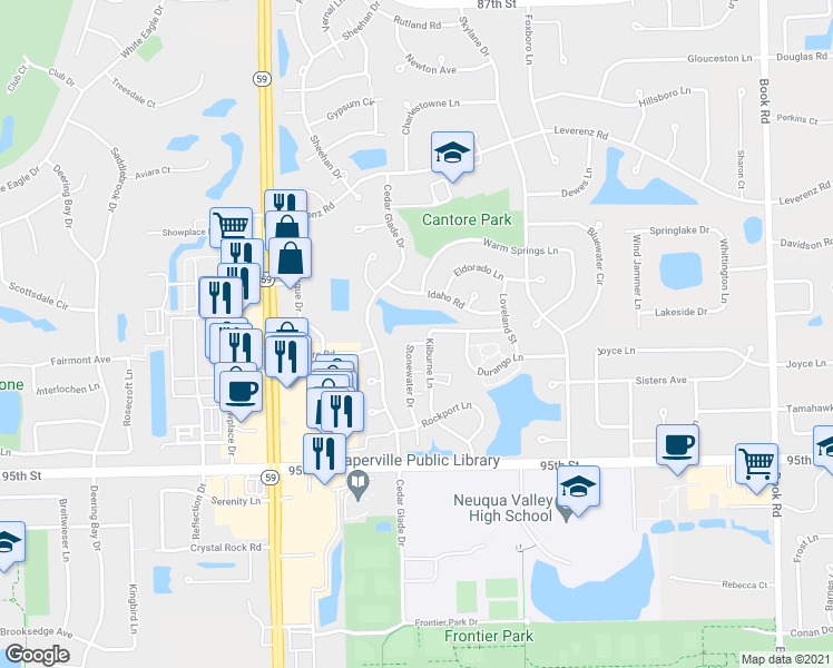 map of restaurants, bars, coffee shops, grocery stores, and more near 2803 Stonewater Drive in Naperville