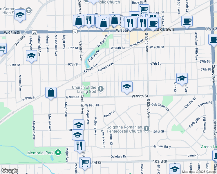 map of restaurants, bars, coffee shops, grocery stores, and more near 9815 Warren Avenue in Oak Lawn