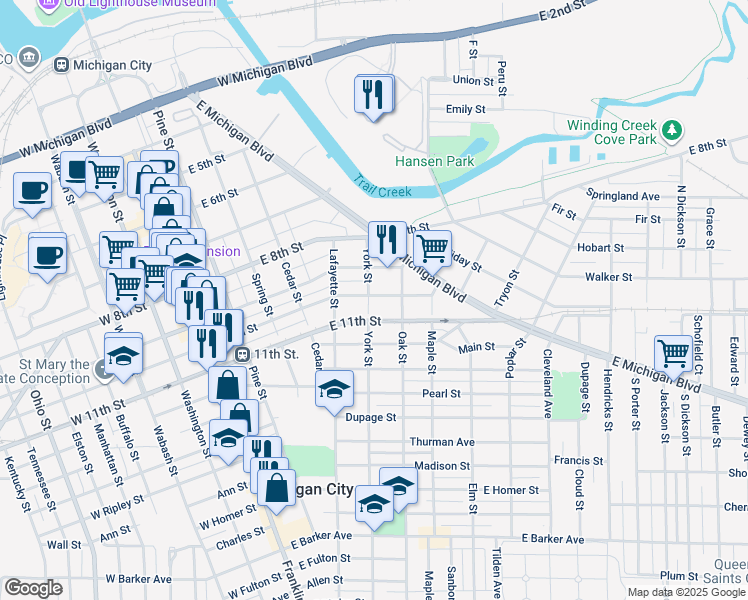 map of restaurants, bars, coffee shops, grocery stores, and more near 601 East 10th Street in Michigan City
