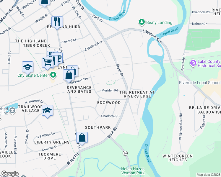 map of restaurants, bars, coffee shops, grocery stores, and more near 257 Meriden Road in Painesville