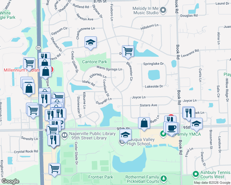 map of restaurants, bars, coffee shops, grocery stores, and more near 2311 Warm Springs Court in Naperville