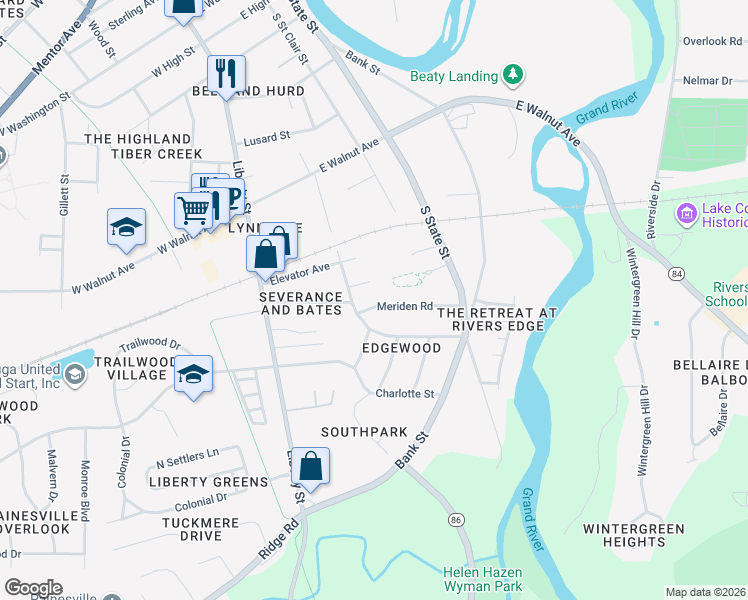 map of restaurants, bars, coffee shops, grocery stores, and more near 189 Meriden Road in Painesville