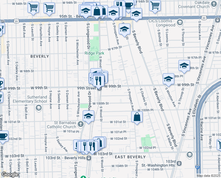 map of restaurants, bars, coffee shops, grocery stores, and more near 1713 West 99th Street in Chicago