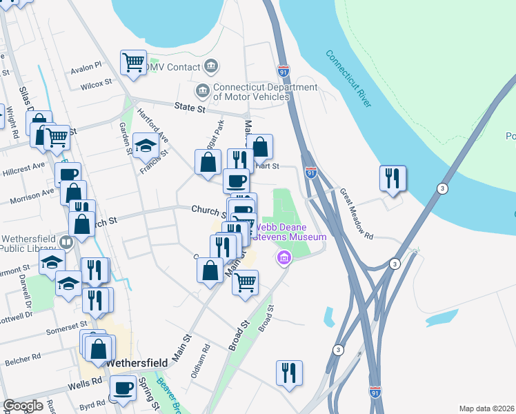 map of restaurants, bars, coffee shops, grocery stores, and more near 240 Main Street in Wethersfield