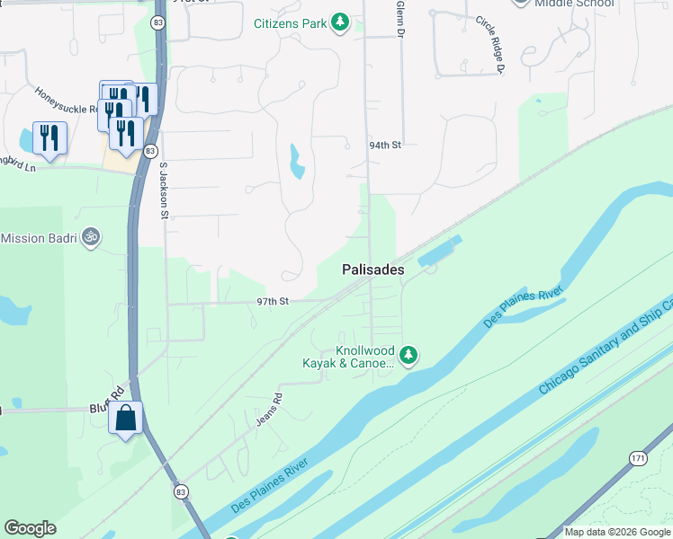 map of restaurants, bars, coffee shops, grocery stores, and more near 9700 South Madison Street in Burr Ridge