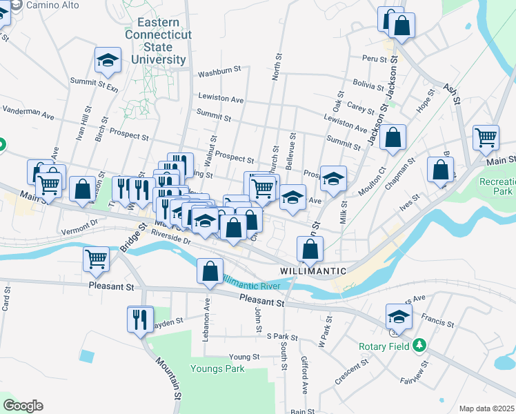 map of restaurants, bars, coffee shops, grocery stores, and more near 109 Valley Street in Windham