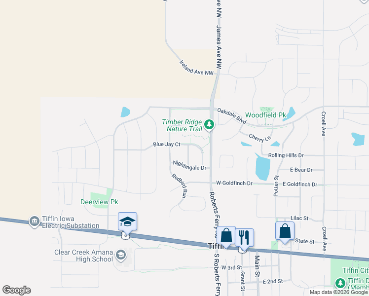 map of restaurants, bars, coffee shops, grocery stores, and more near 727 Blue Jay Court in Tiffin