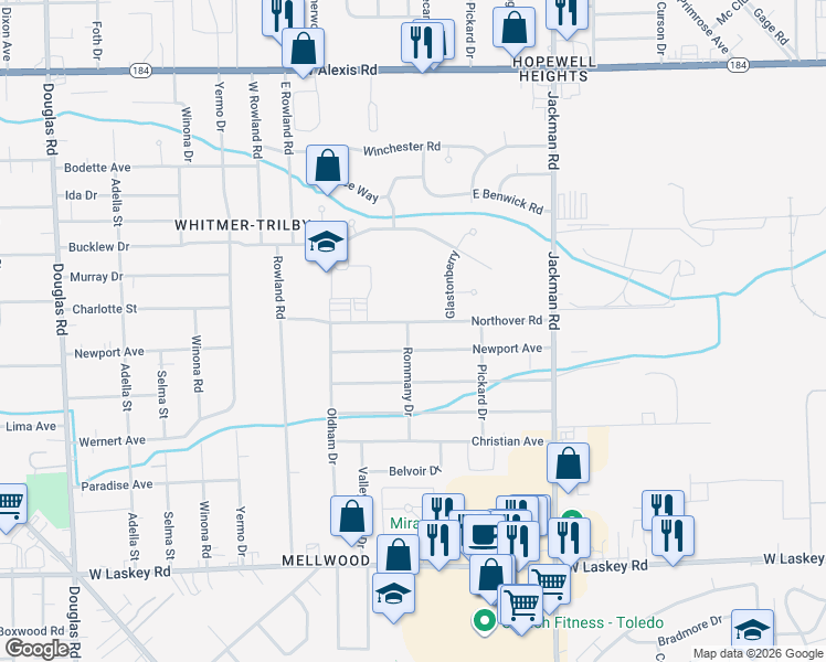 map of restaurants, bars, coffee shops, grocery stores, and more near 1910 Newport Avenue in Toledo