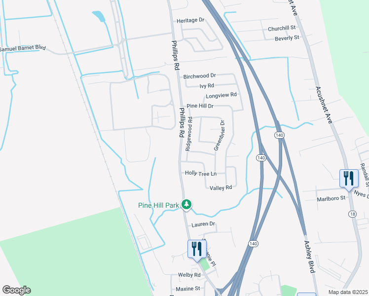 map of restaurants, bars, coffee shops, grocery stores, and more near 27 Ridgewood Road in New Bedford