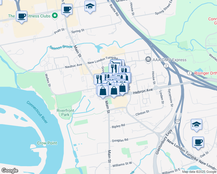 map of restaurants, bars, coffee shops, grocery stores, and more near 36 Welles Street in Glastonbury