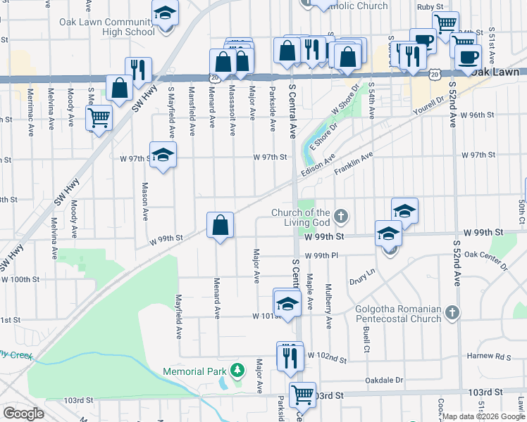 map of restaurants, bars, coffee shops, grocery stores, and more near 5632 West 98th Place in Oak Lawn