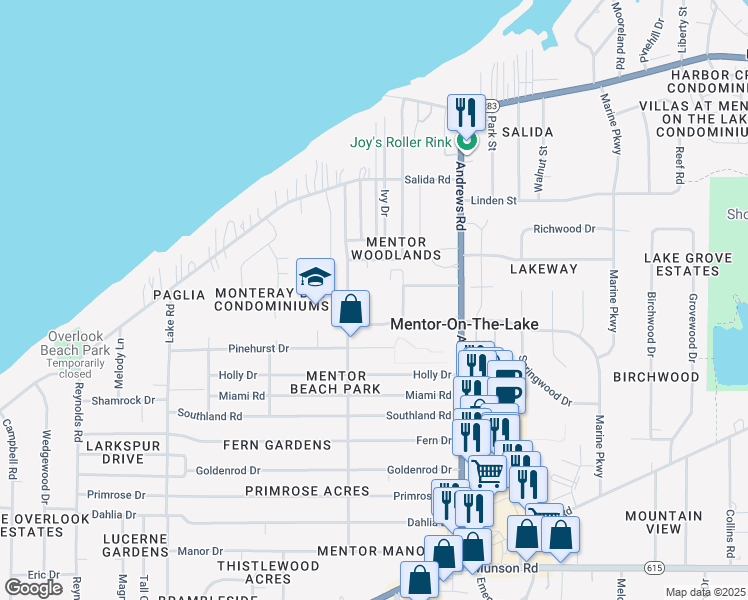 map of restaurants, bars, coffee shops, grocery stores, and more near 7701 Sharon Drive in Mentor