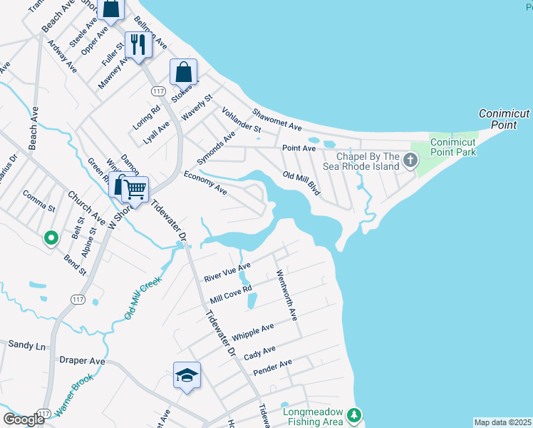 map of restaurants, bars, coffee shops, grocery stores, and more near 11 Economy Avenue in Warwick