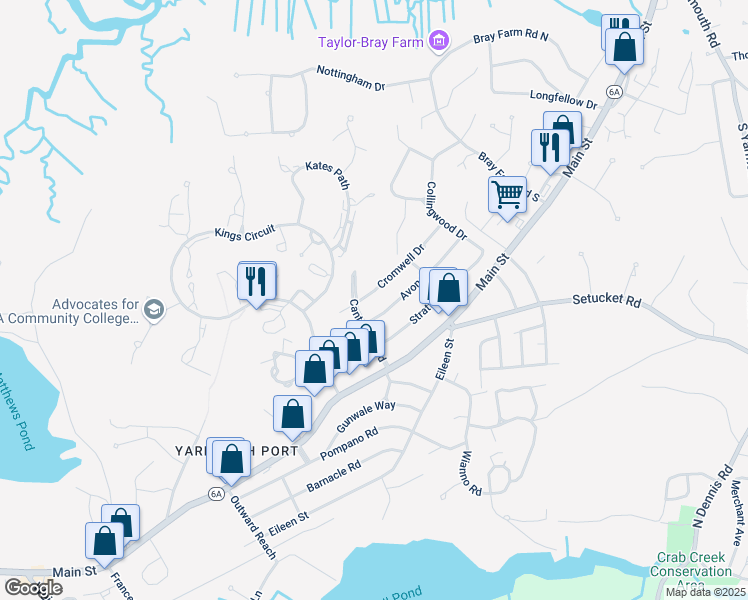 map of restaurants, bars, coffee shops, grocery stores, and more near 59 Cromwell Drive in Yarmouth
