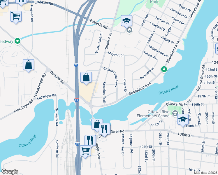 map of restaurants, bars, coffee shops, grocery stores, and more near 2034 Ruthanne Drive in Toledo