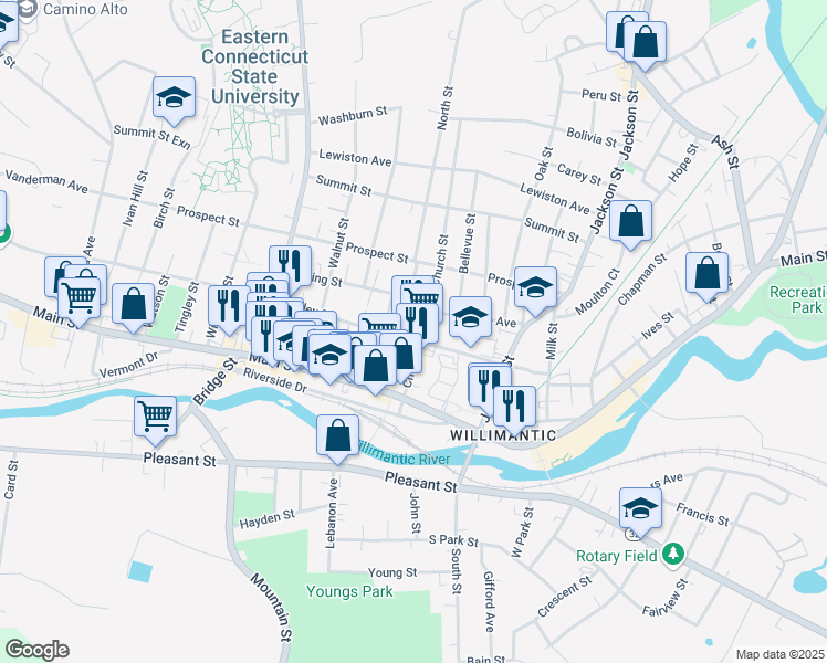 map of restaurants, bars, coffee shops, grocery stores, and more near 109 Valley Street in Windham