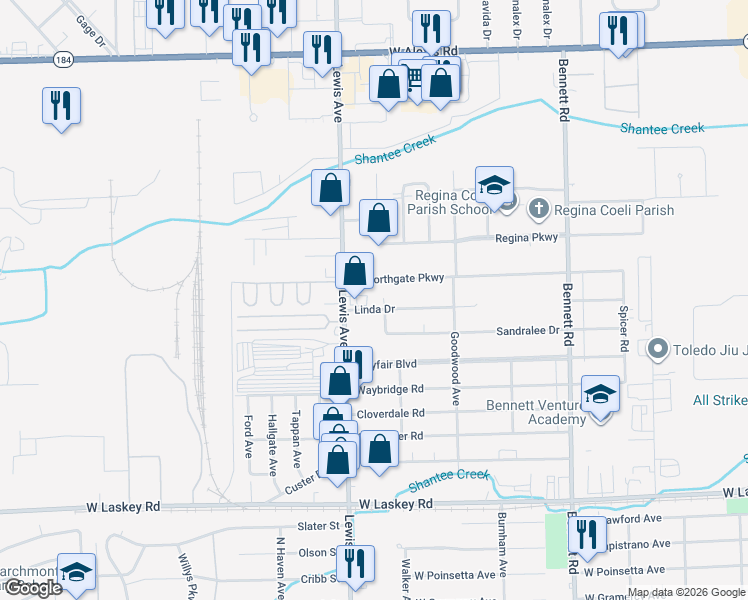 map of restaurants, bars, coffee shops, grocery stores, and more near 924 Linda Dr in Toledo