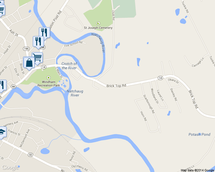 map of restaurants, bars, coffee shops, grocery stores, and more near 289 Brick Top Road in Windham
