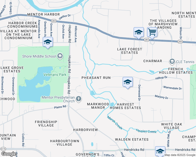 map of restaurants, bars, coffee shops, grocery stores, and more near 8432 Hilltop Drive in Mentor