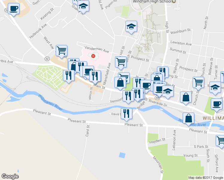 map of restaurants, bars, coffee shops, grocery stores, and more near 1158 Main Street in Windham