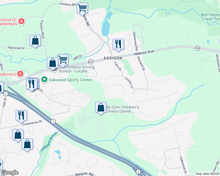 map of restaurants, bars, coffee shops, grocery stores, and more near 12 Crestdale Road in Glastonbury