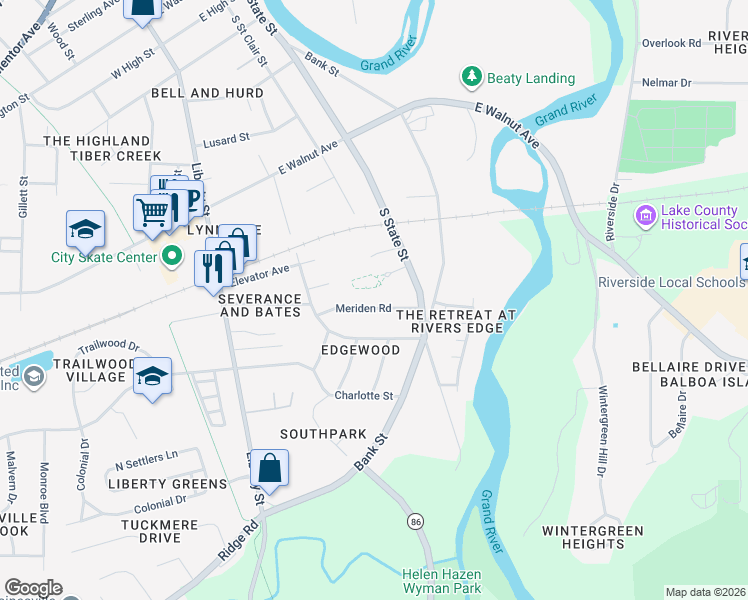 map of restaurants, bars, coffee shops, grocery stores, and more near 257 Meriden Road in Painesville