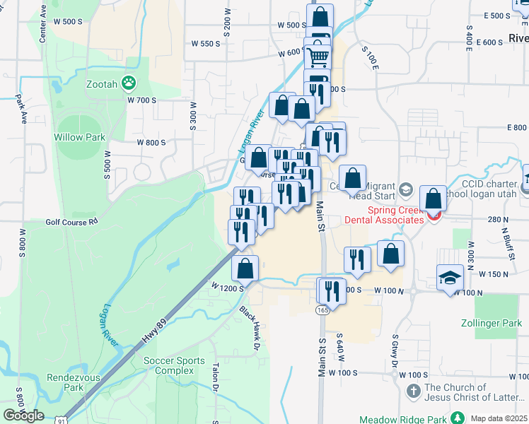 map of restaurants, bars, coffee shops, grocery stores, and more near 1035 U.S. 89 in Logan