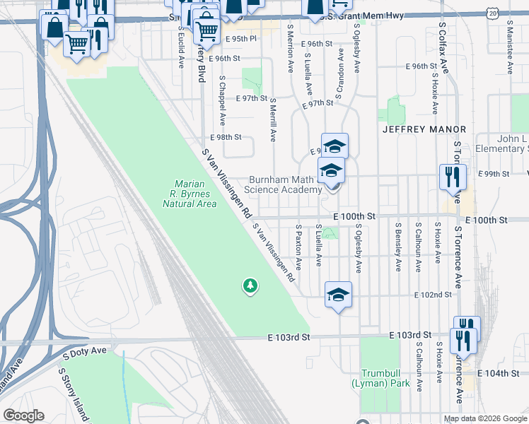 map of restaurants, bars, coffee shops, grocery stores, and more near 2134 East 100th Street in Chicago