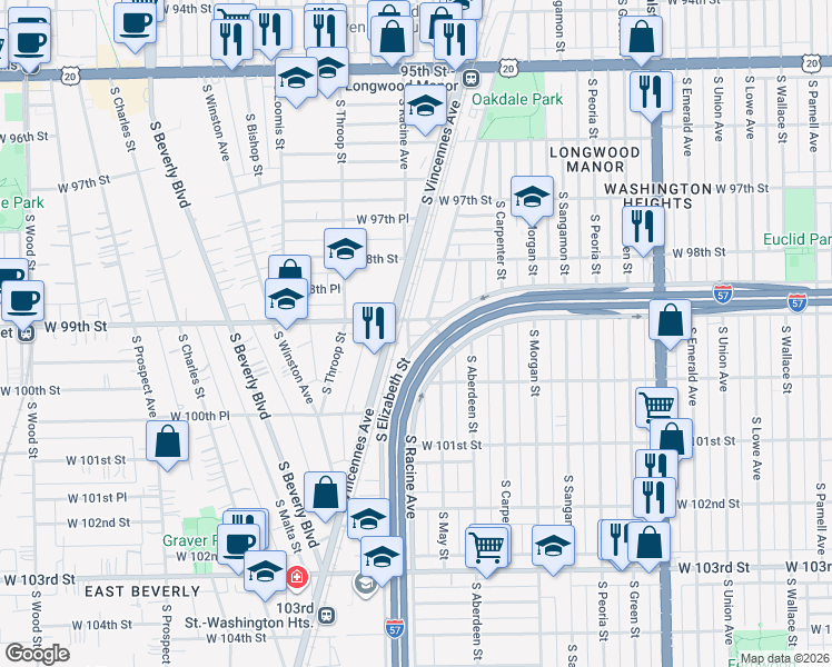 map of restaurants, bars, coffee shops, grocery stores, and more near 9911 South Racine Avenue in Chicago