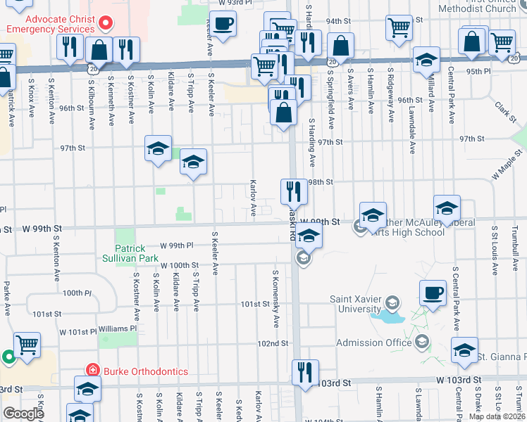 map of restaurants, bars, coffee shops, grocery stores, and more near 4038 Almansa Lane in Oak Lawn