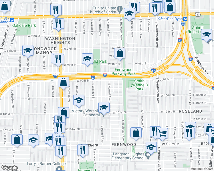 map of restaurants, bars, coffee shops, grocery stores, and more near 9918 South Normal Avenue in Chicago
