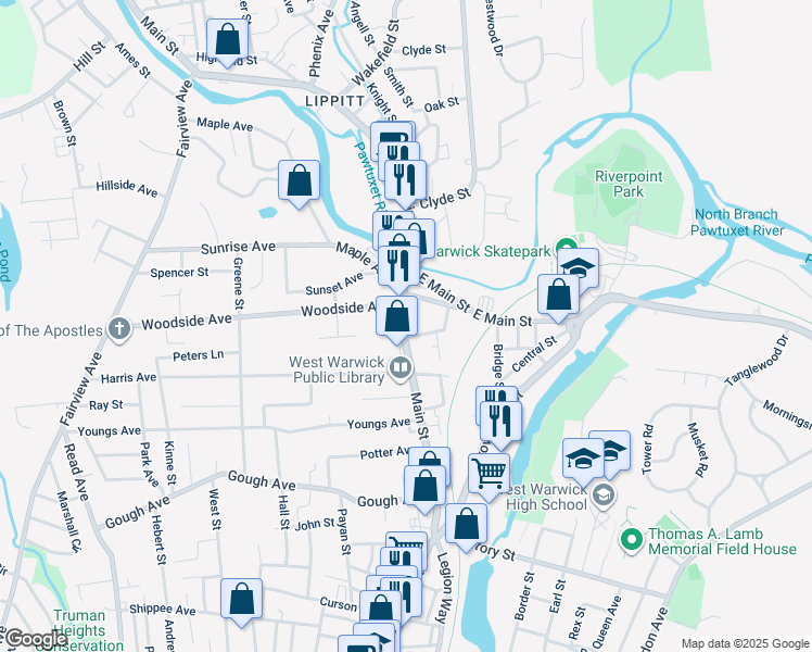 map of restaurants, bars, coffee shops, grocery stores, and more near 1020 Main Street in West Warwick