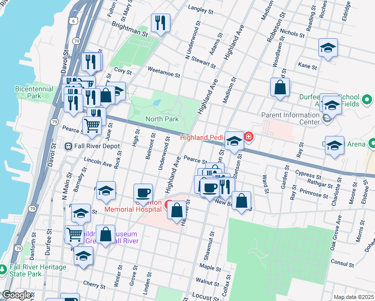 map of restaurants, bars, coffee shops, grocery stores, and more near 650 Pearce Street in Fall River