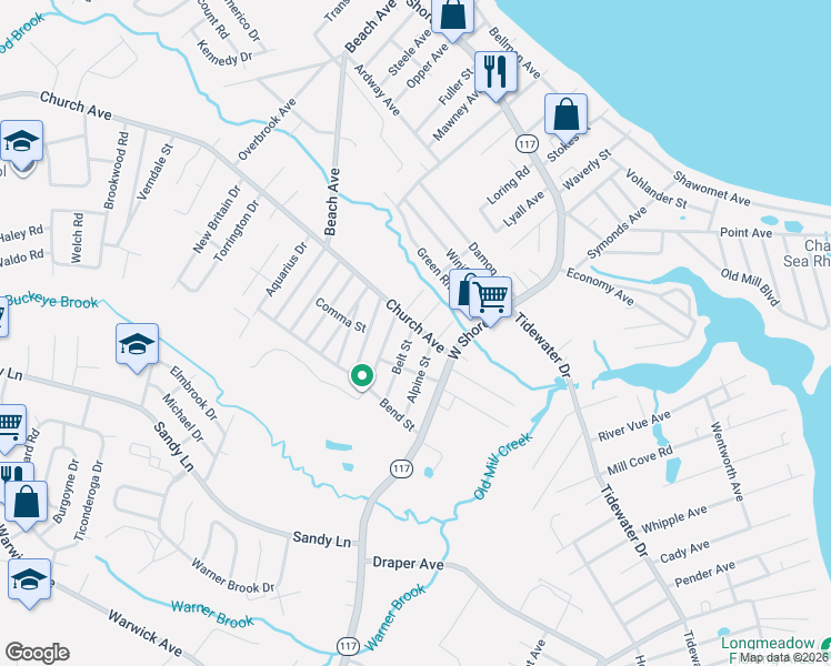 map of restaurants, bars, coffee shops, grocery stores, and more near 15 Belt Street in Warwick