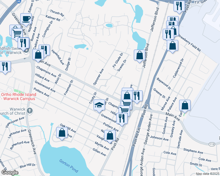 map of restaurants, bars, coffee shops, grocery stores, and more near 879 Main Avenue in Warwick