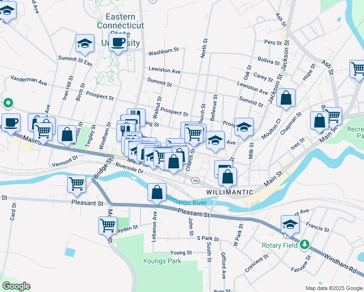 map of restaurants, bars, coffee shops, grocery stores, and more near 122 Valley Street in Windham