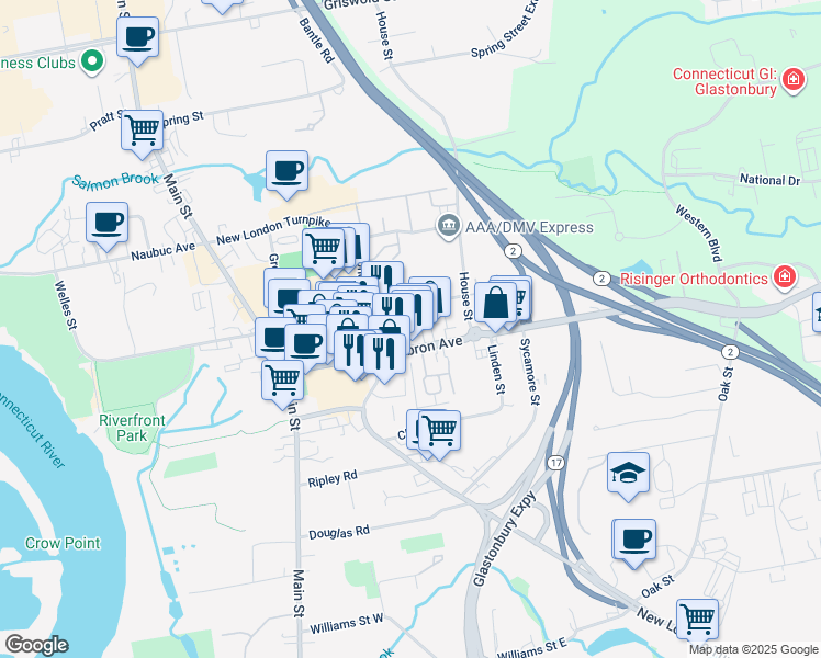 map of restaurants, bars, coffee shops, grocery stores, and more near 255 Hebron Avenue in Glastonbury
