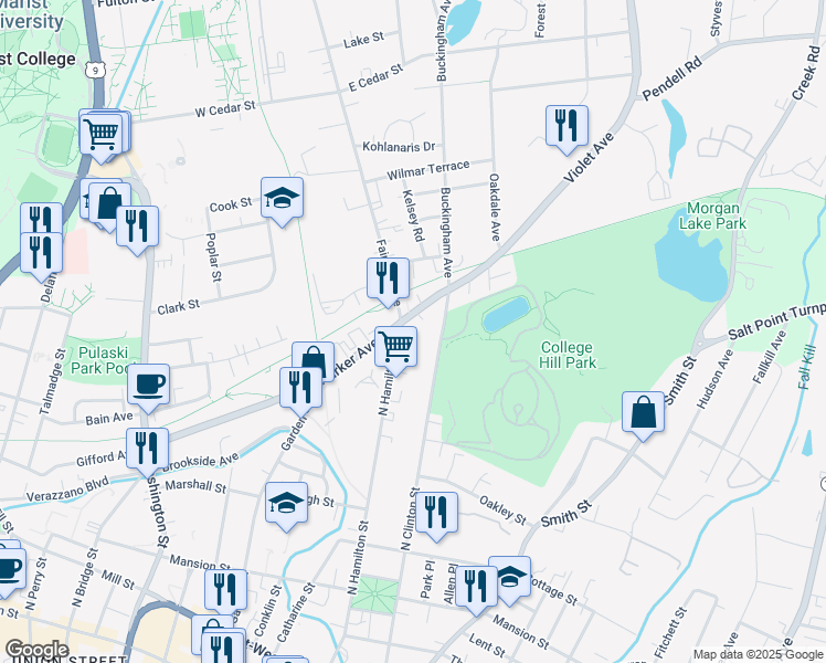 map of restaurants, bars, coffee shops, grocery stores, and more near 206 North Clinton Street in Poughkeepsie