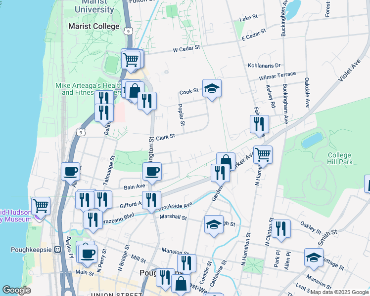 map of restaurants, bars, coffee shops, grocery stores, and more near 52 Taylor Avenue in Poughkeepsie