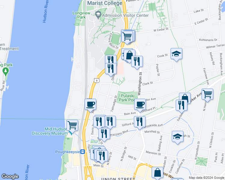map of restaurants, bars, coffee shops, grocery stores, and more near 91 Delafield Street in Poughkeepsie