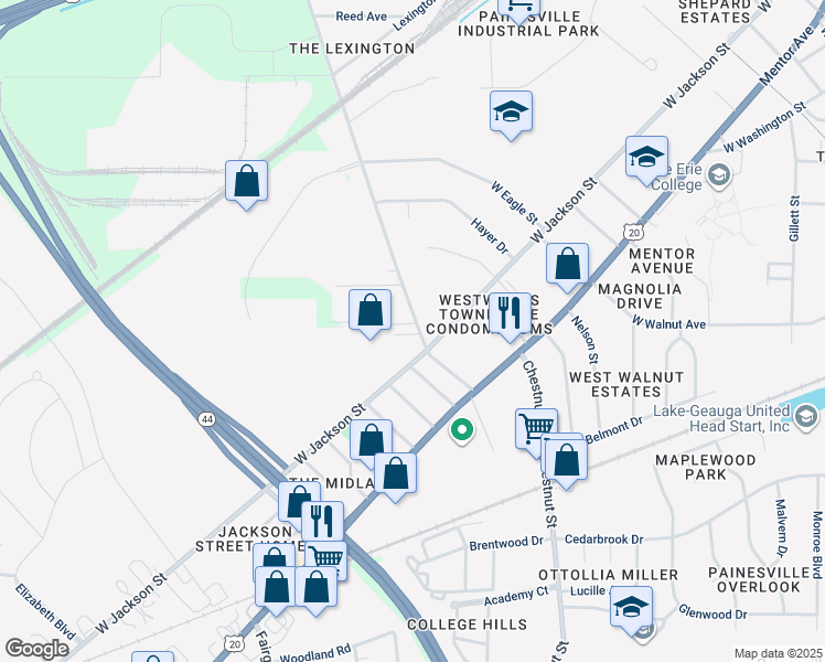 map of restaurants, bars, coffee shops, grocery stores, and more near 129 Newell Street in Painesville