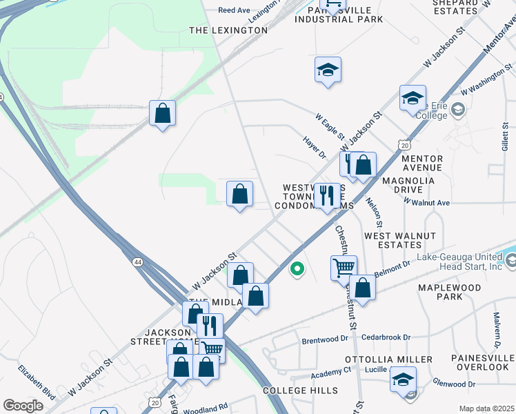 map of restaurants, bars, coffee shops, grocery stores, and more near 129 Newell Street in Painesville