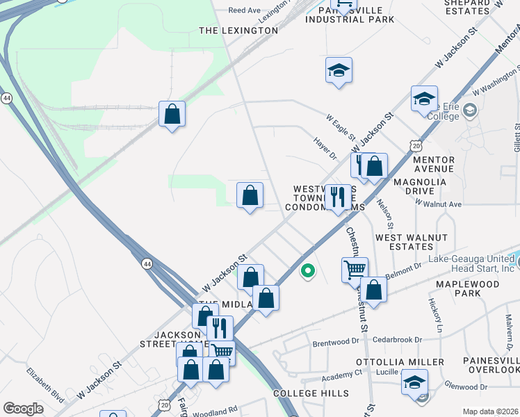 map of restaurants, bars, coffee shops, grocery stores, and more near 916 West Jackson Street in Painesville