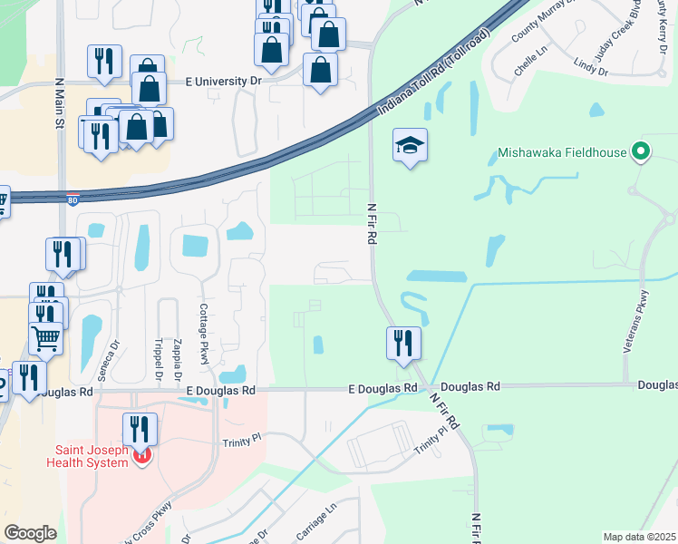 map of restaurants, bars, coffee shops, grocery stores, and more near 5805 Fir Road in Mishawaka