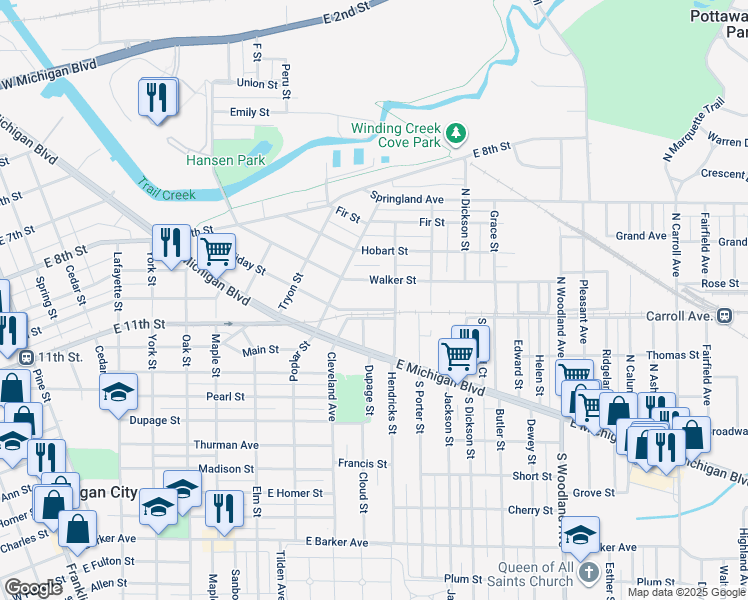 map of restaurants, bars, coffee shops, grocery stores, and more near 520-598 Holliday St in Michigan City