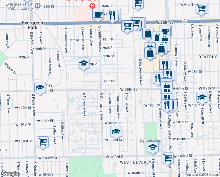 map of restaurants, bars, coffee shops, grocery stores, and more near 2717 West 99th Street in Chicago
